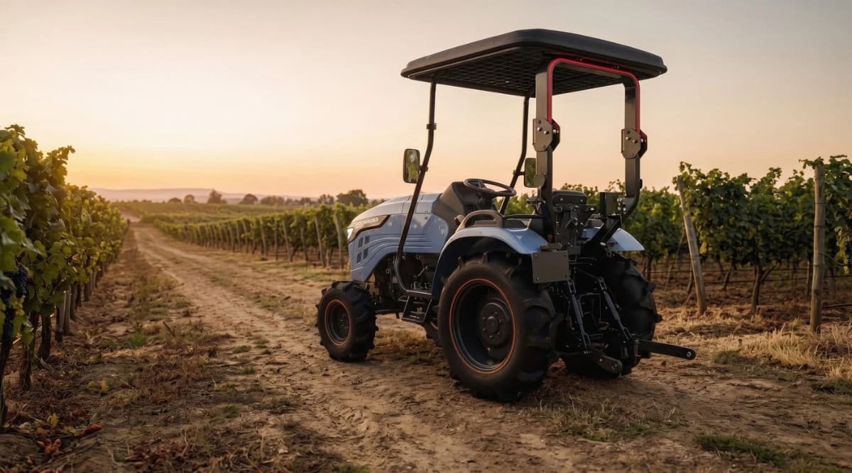 Green electric farm tractor with solar panel canopy working in sunny field
