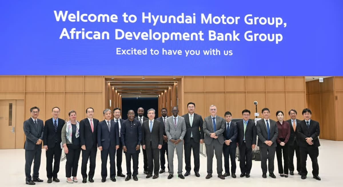 Hyundai executives and African Development Bank officials shake hands at Seoul headquarters signing ceremony