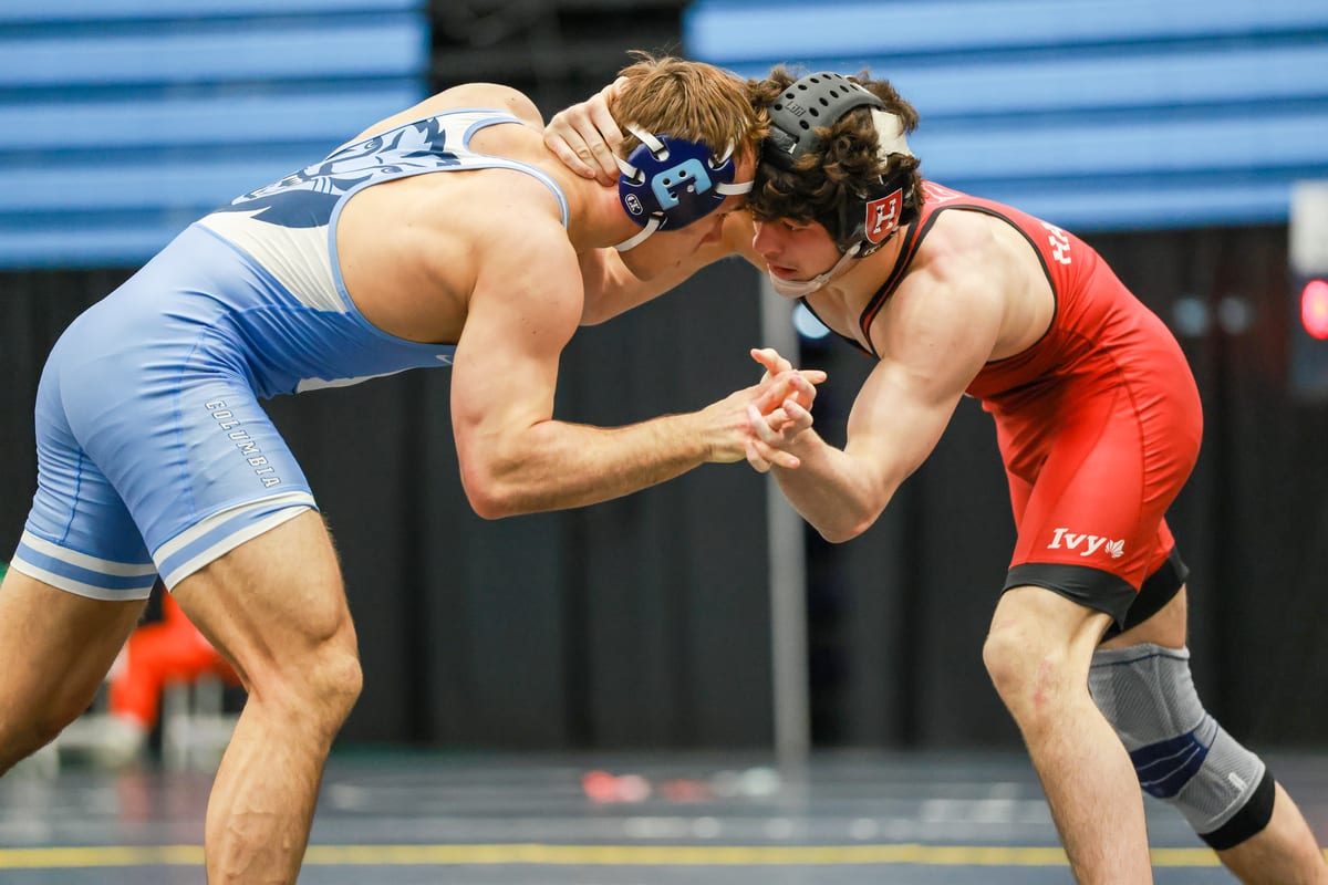 Columbia wrestler Cesar Alvan competing on mat at NCAA Wrestling Championships in Cleveland