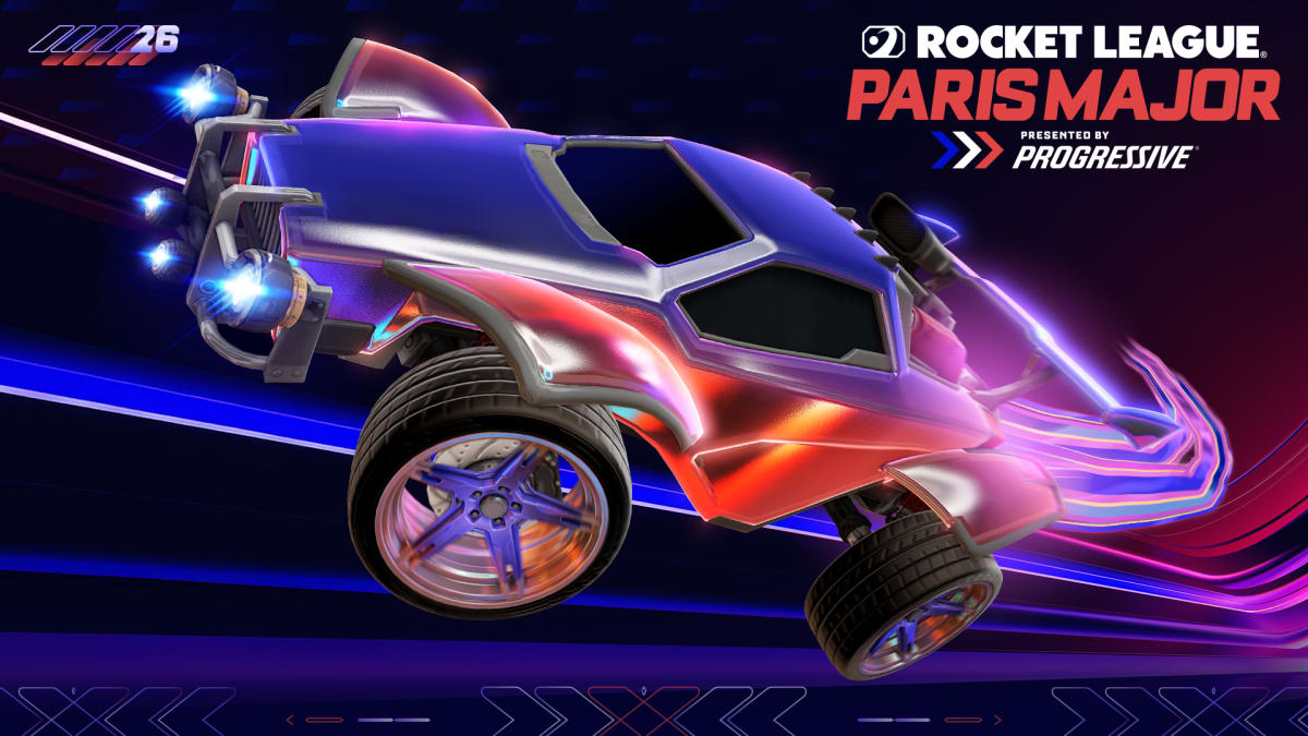 Rocket League competitive gaming arena with players celebrating during Paris Major tournament
