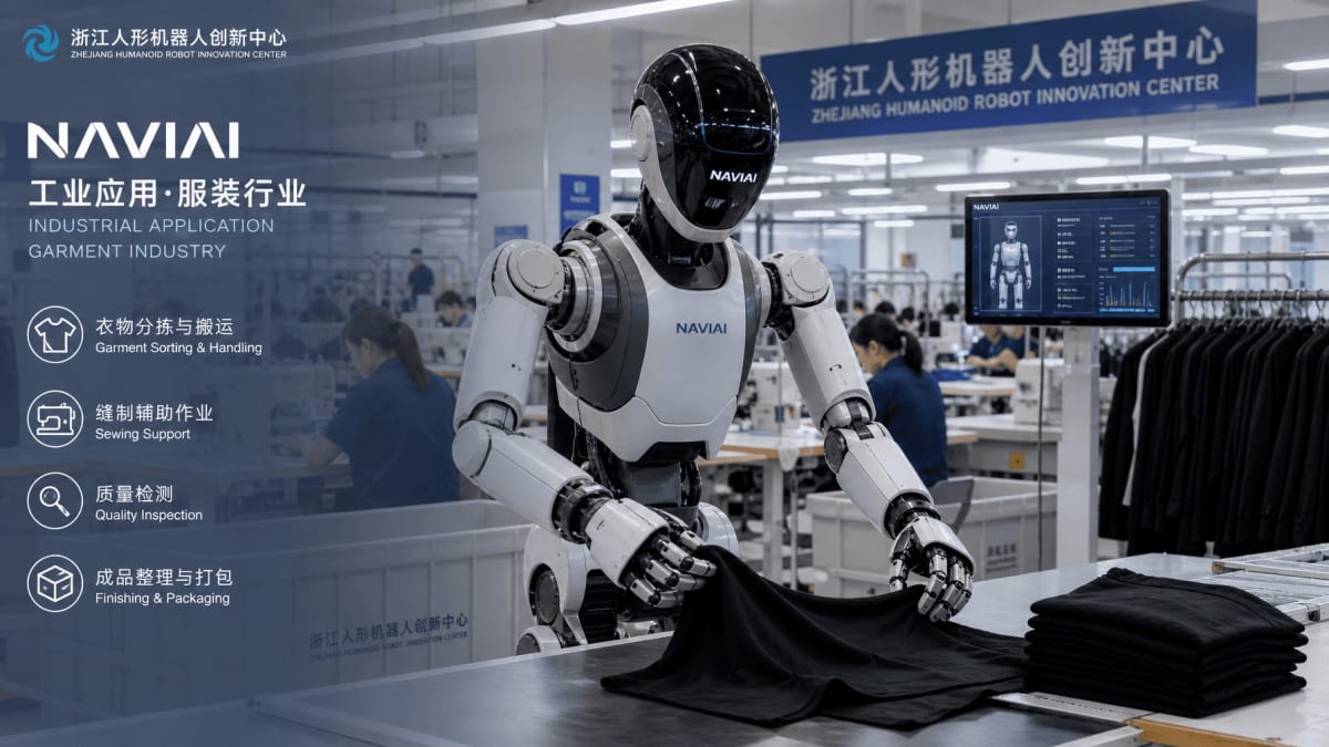 Humanoid robot with articulated arms performing precision fabric handling at Chinese manufacturing facility