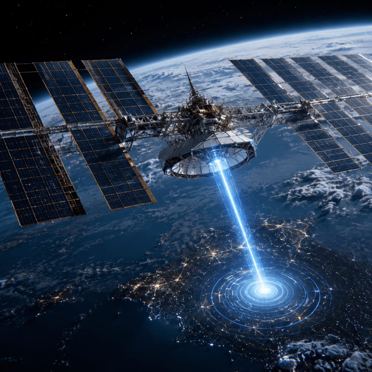 Conceptual illustration of space-based solar panels beaming power wirelessly to Earth receiving station