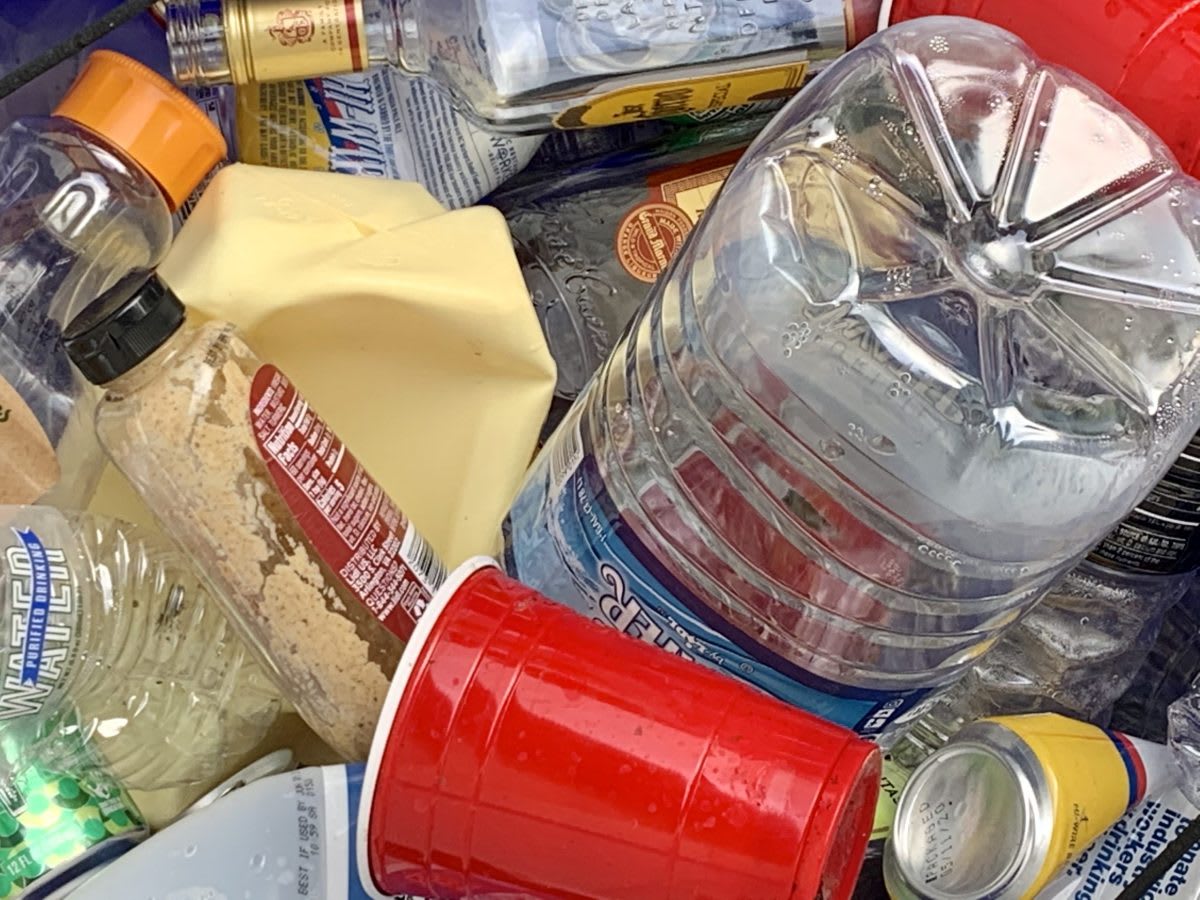 Person collecting plastic bottles and trash from sandy ocean beach during cleanup