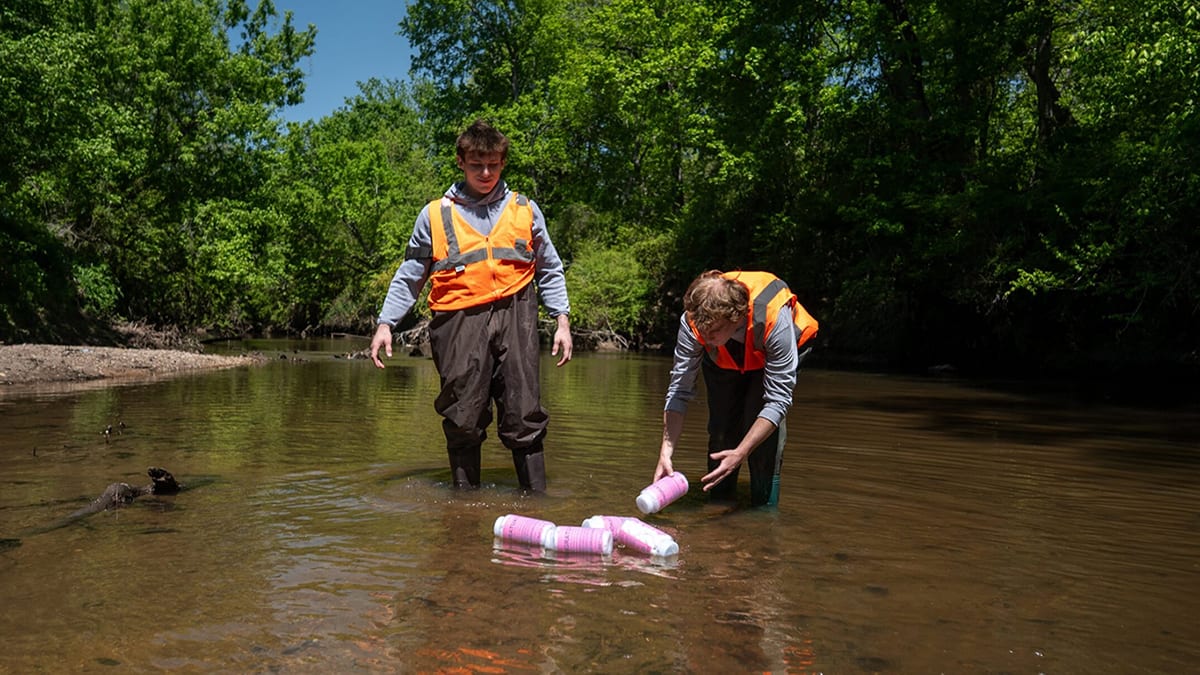 Researcher holding bright colored GPS-tracked water bottle in freshwater stream near Raleigh