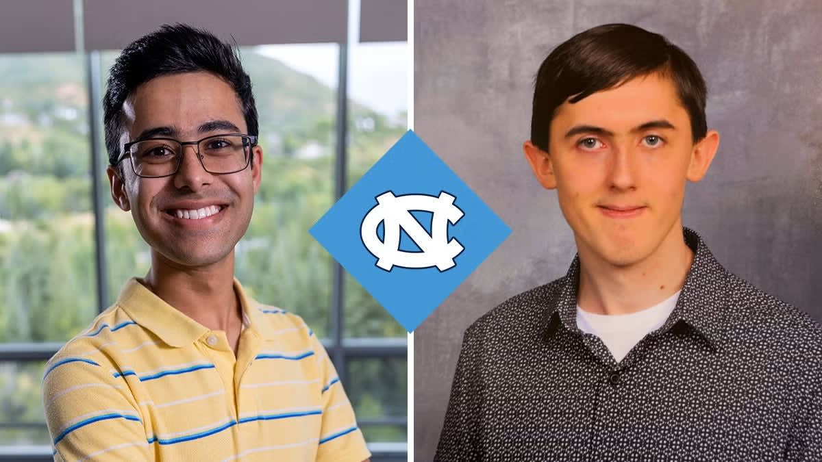 Two smiling UNC junior students Anish Aradhey and Paul Hamrick, prestigious Goldwater Scholarship winners