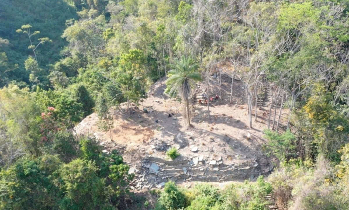 Aerial view of ancient stone terraces and pathways discovered in Colombia's Sierra Nevada jungle