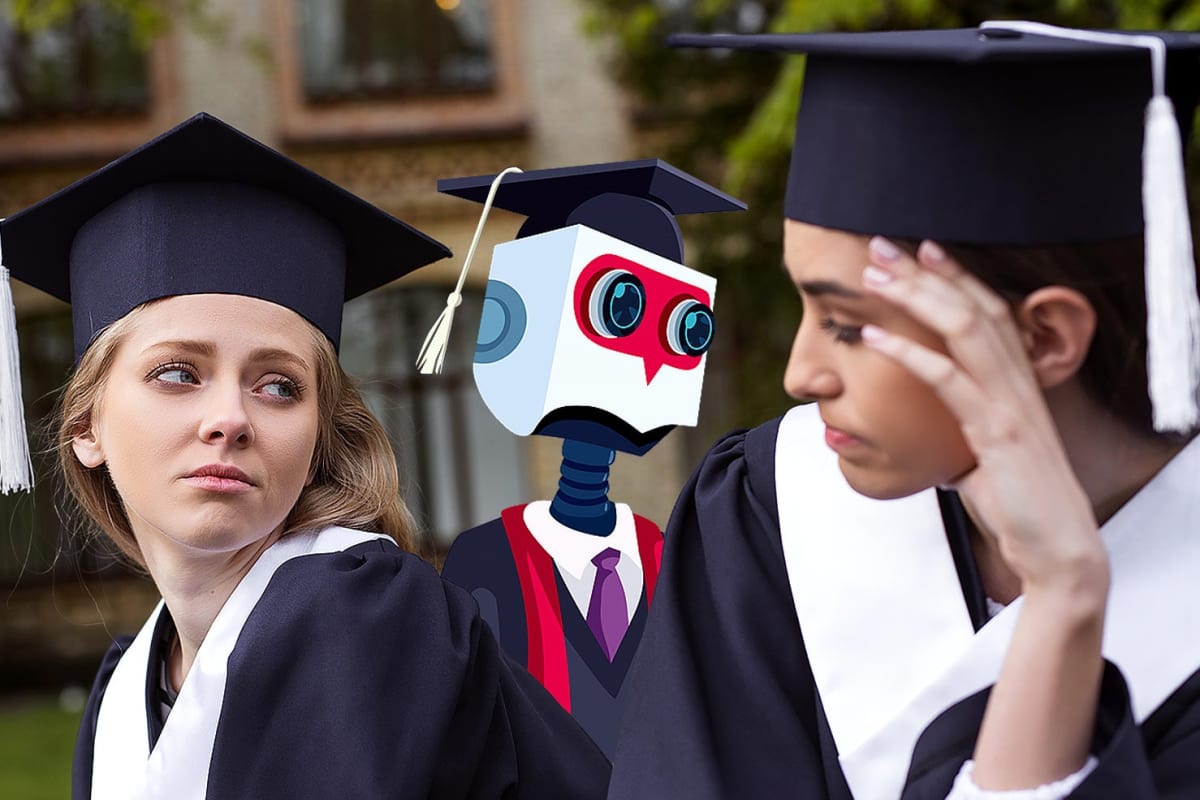 College graduates in caps and gowns at outdoor ceremony raising voices together