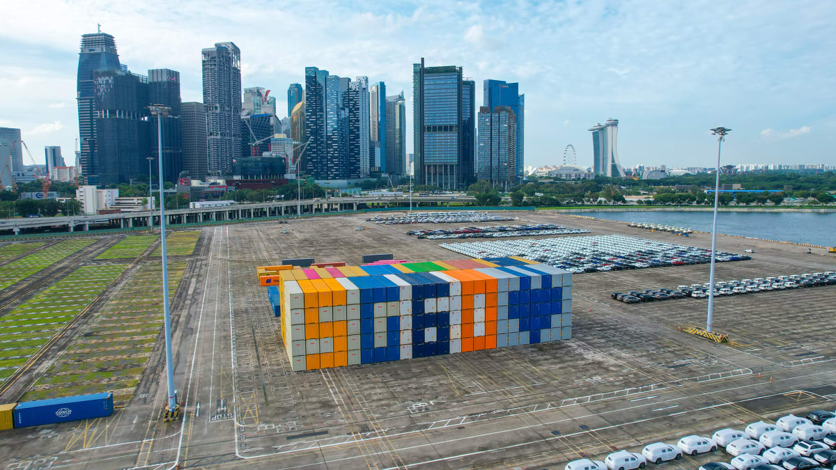 Modern container port in Singapore with automated cranes and cargo ships at dock