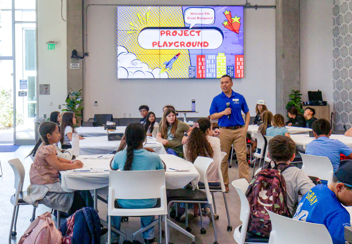Fifth-grade students work on playground design projects at Cal State San Marcos Innovation Hub