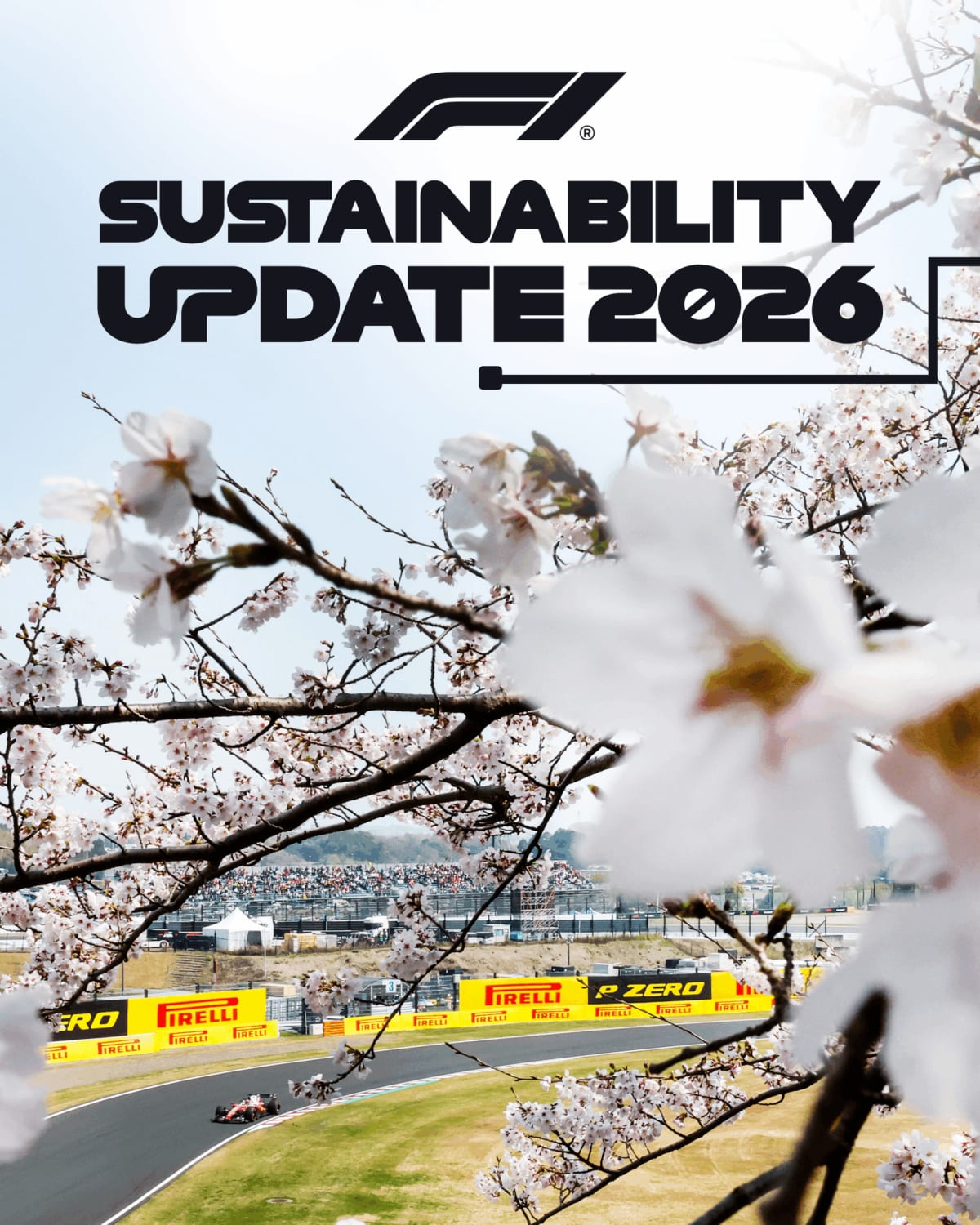 Formula 1 race car on track with renewable energy infrastructure in background