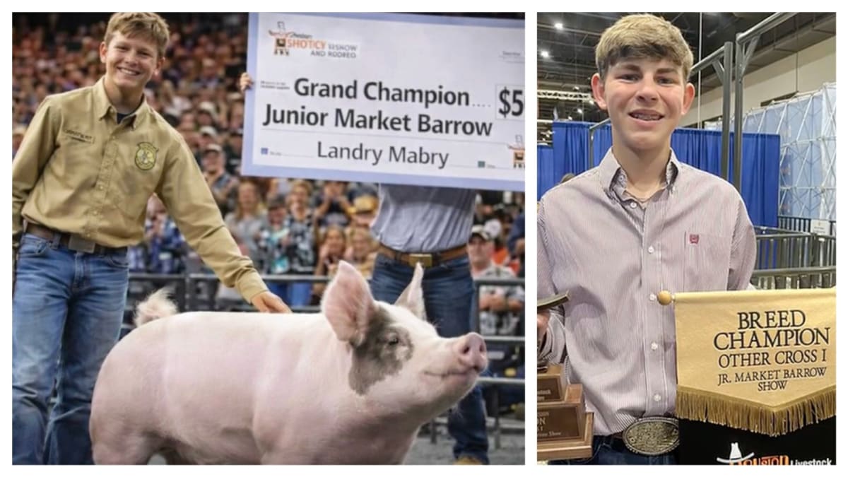 Fifteen-year-old Landry Mabry standing with his Grand Champion pig Eddie at Houston Livestock Show