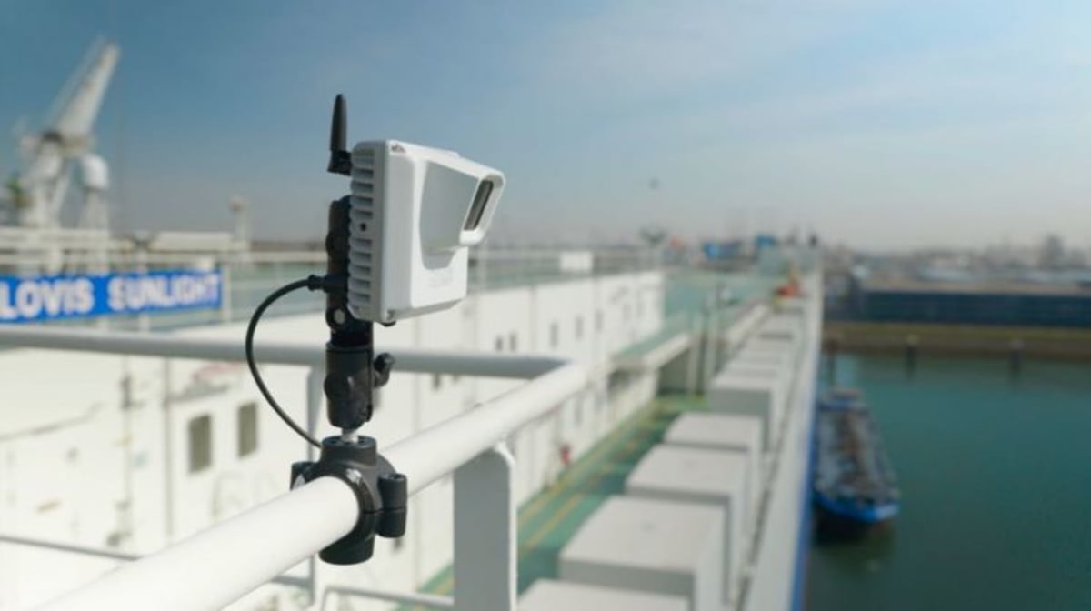 ** ADIS camera system mounted on Hyundai Glovis cargo ship monitoring ocean surface for plastic debris