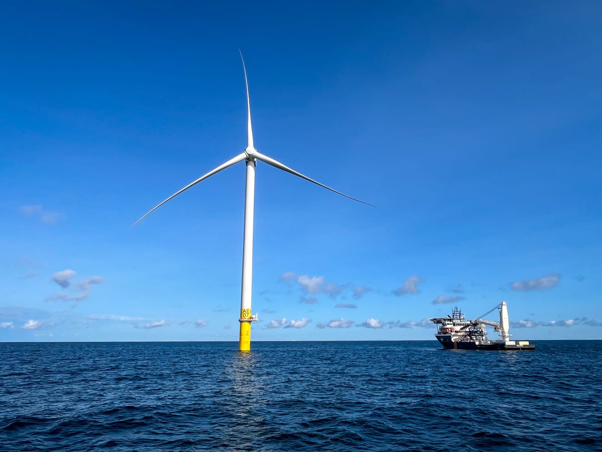 Offshore wind turbine from Revolution Wind farm standing in Atlantic Ocean off Rhode Island coast