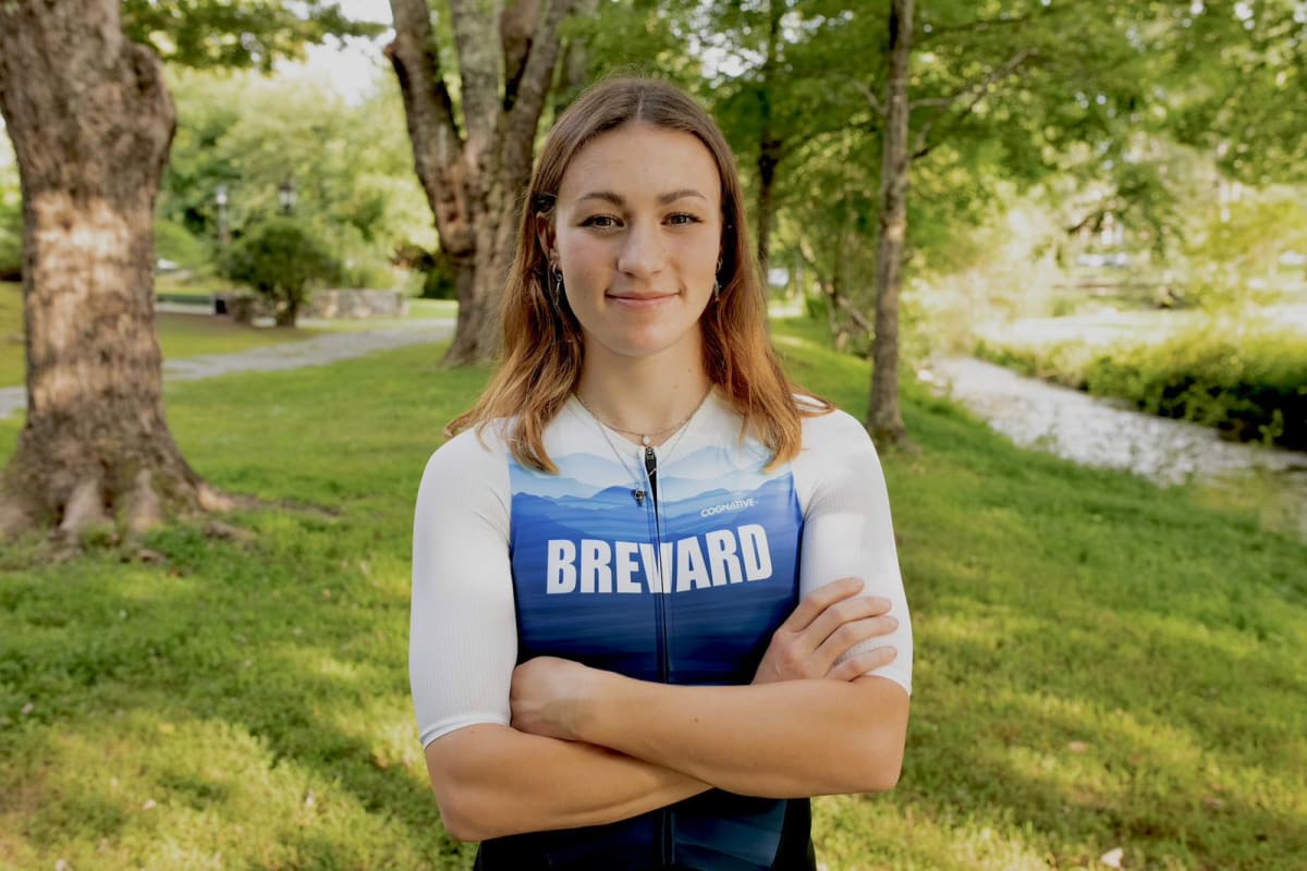 Canadian cyclist Nicole Bradbury celebrating her unexpected World Cup short track racing victory in Italy