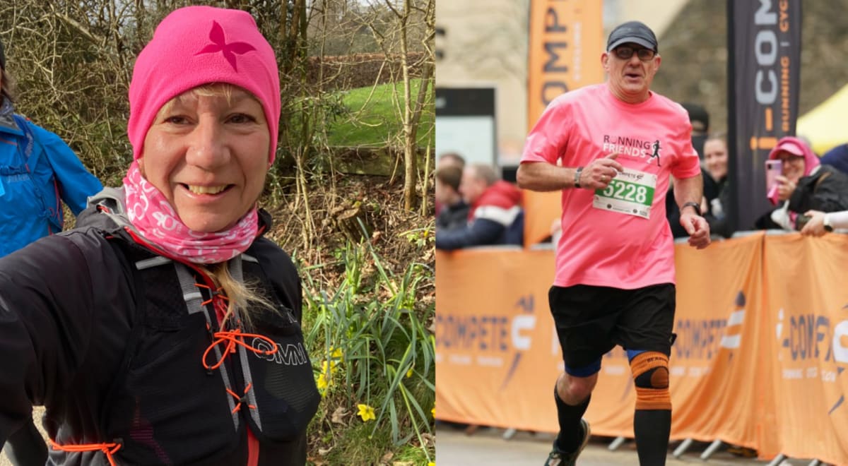 Two runners on a trail surrounded by supportive running club members in England