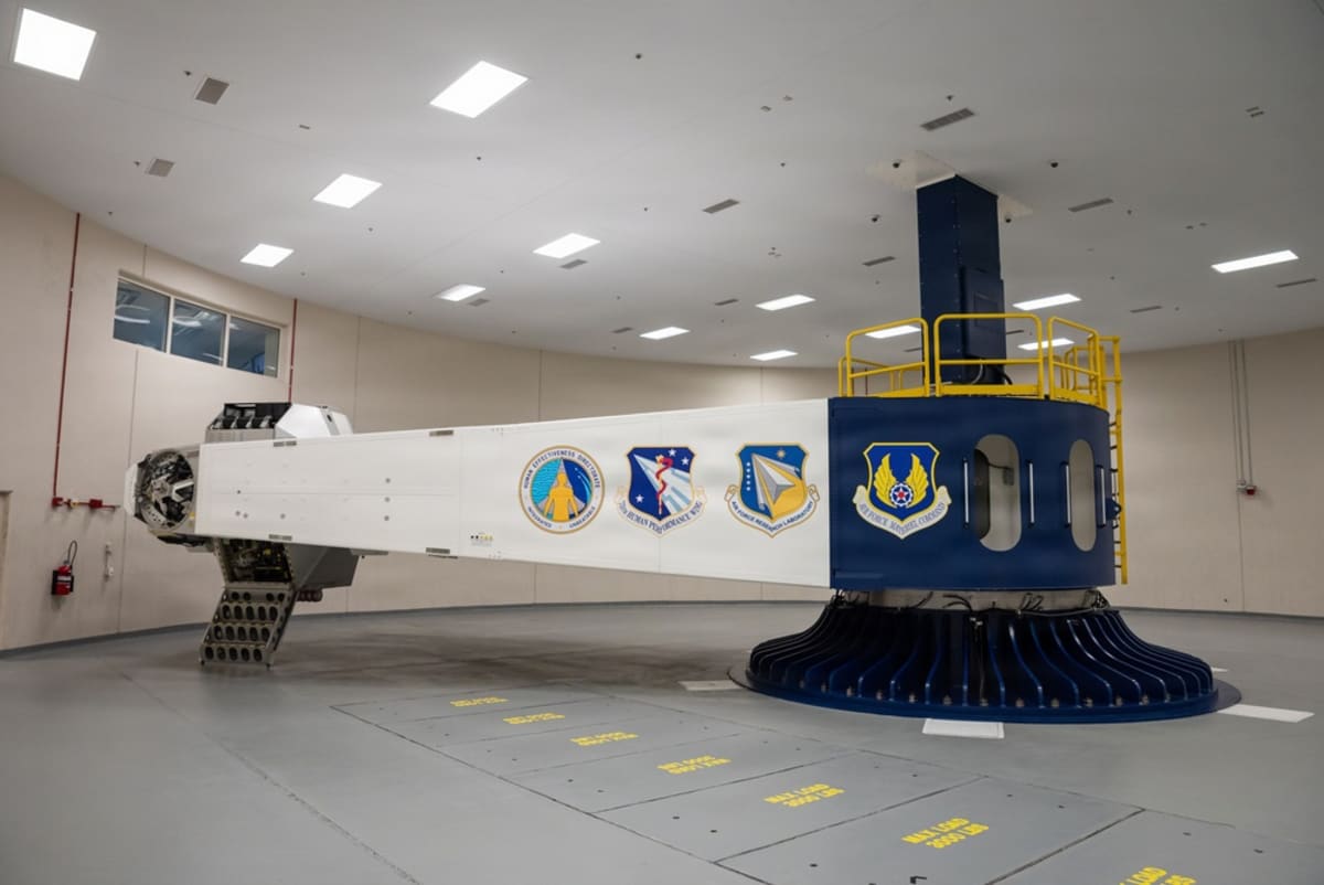 Large centrifuge machine at Wright-Patterson Air Force Base used for astronaut gravitational force training