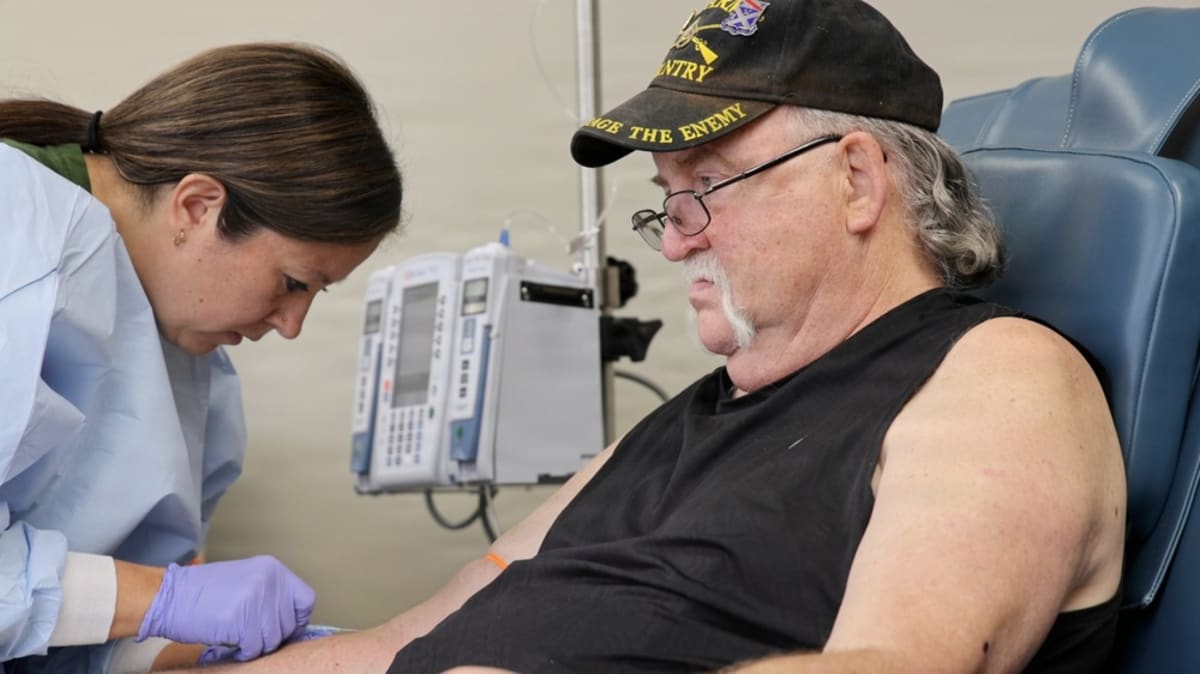 U.S. Army veteran Joel Edwards receives oncology infusion treatment at Pointe Centre VA Clinic in Chattanooga