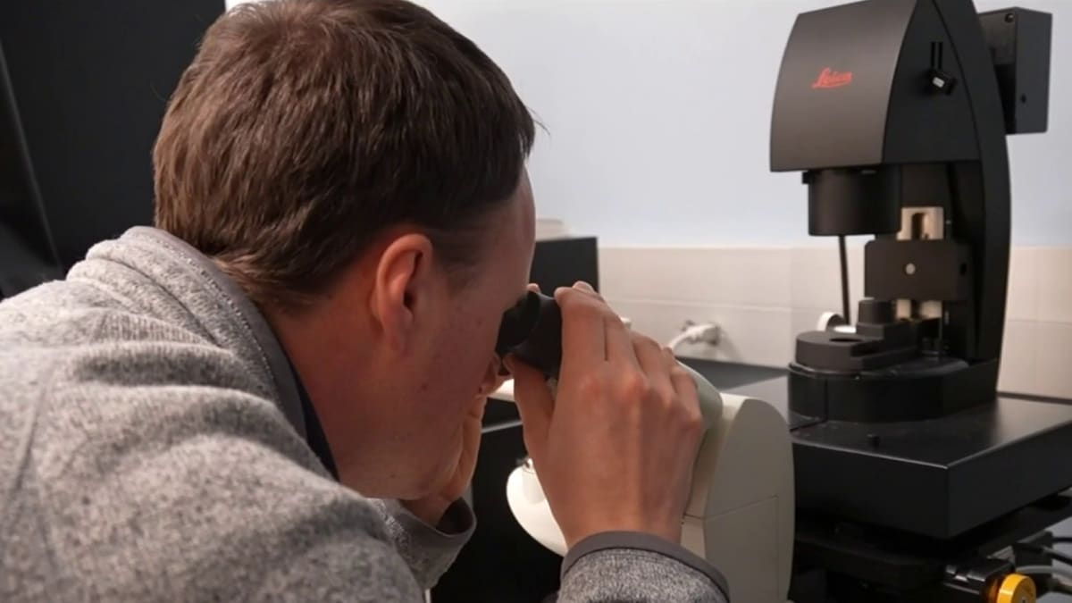Andrew Satterlee working in laboratory on brain cancer treatment testing technology