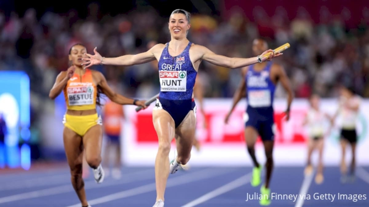 British sprinter Amy Hunt celebrating after winning fourth gold medal at European Championships