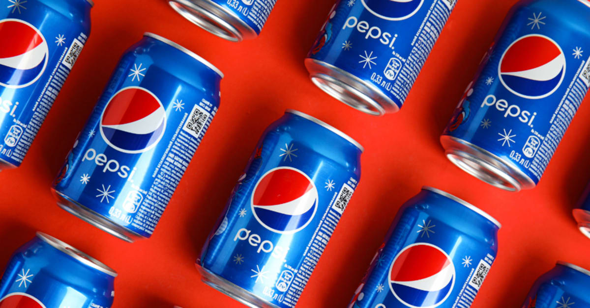 ** Assorted PepsiCo beverage bottles and snack packages showing plastic packaging materials and recycling symbols