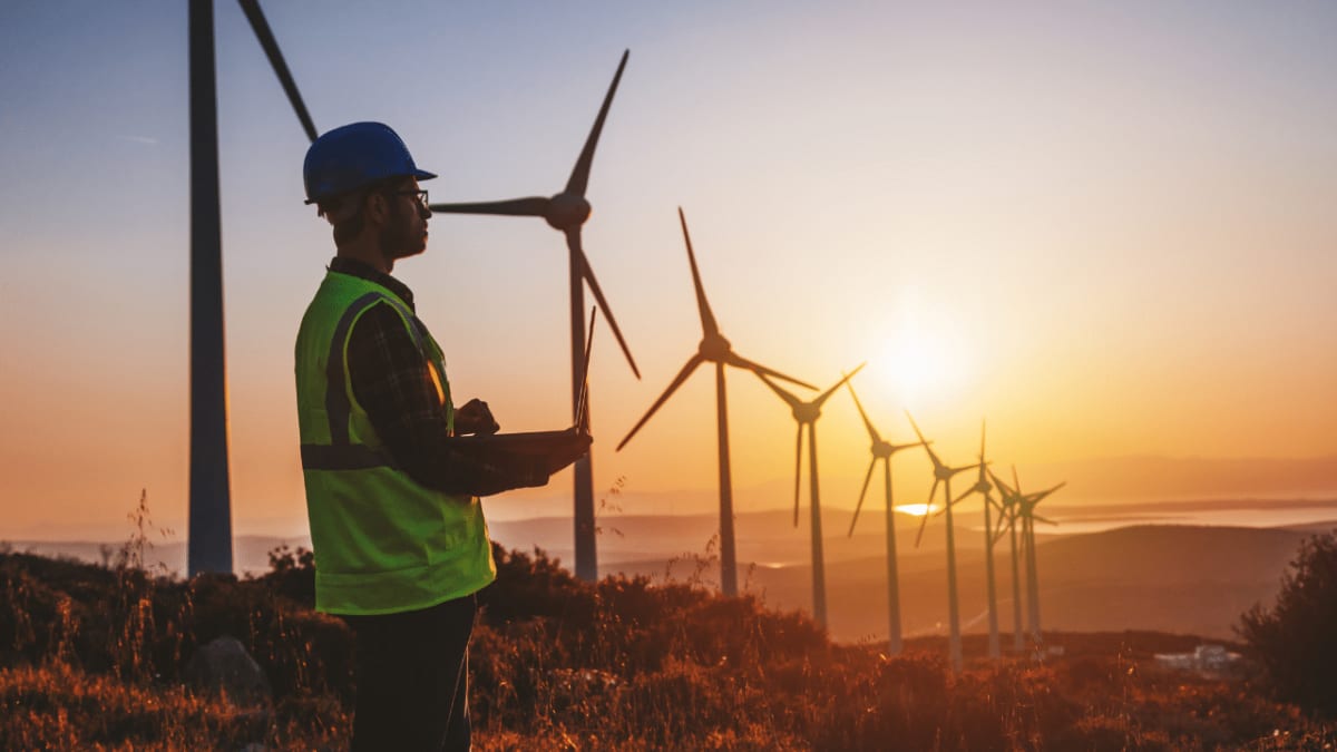 Wind turbines and solar panels against blue sky representing clean energy investment success