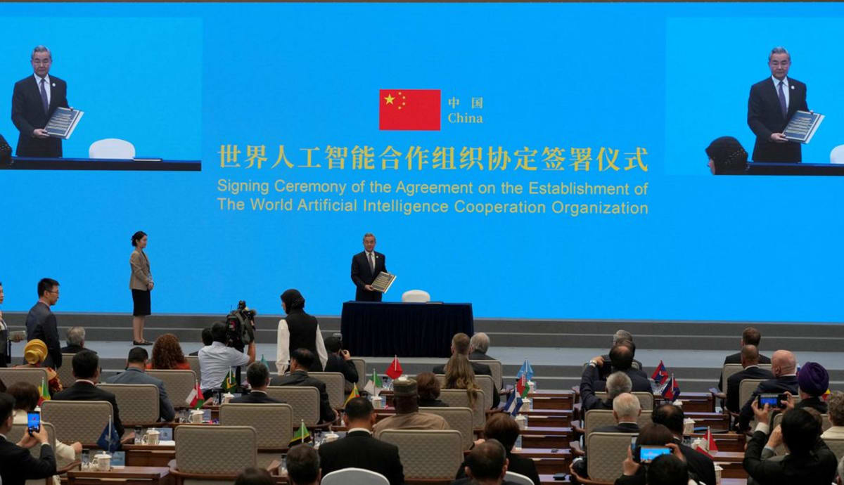 Representatives from twenty-nine nations signing historic AI cooperation agreement in Shanghai ceremony