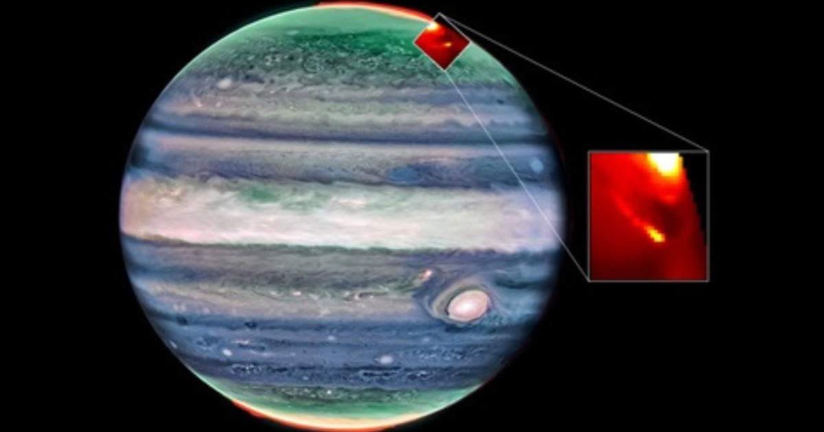James Webb Space Telescope image showing Jupiter's glowing auroral footprints created by moon Io