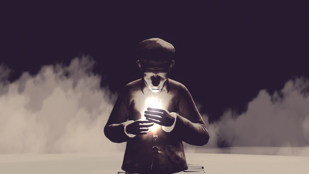 Immersive mixed-reality experience showing Holocaust survivor Benno Kern's testimony with symbolic lighting elements
