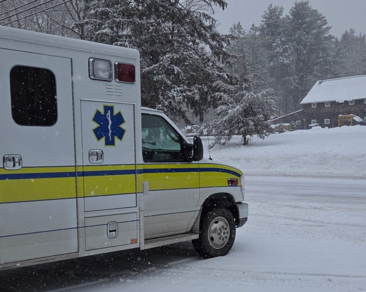 Lyme EMS ambulances parked at fire station prepared for winter storm response