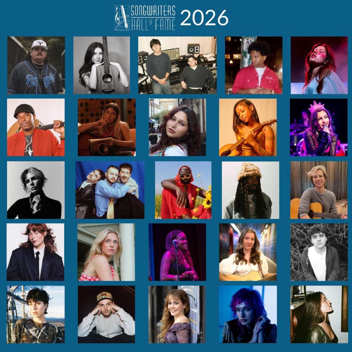Grid of 25 headshot photos showing diverse group of young scholarship-winning songwriters smiling