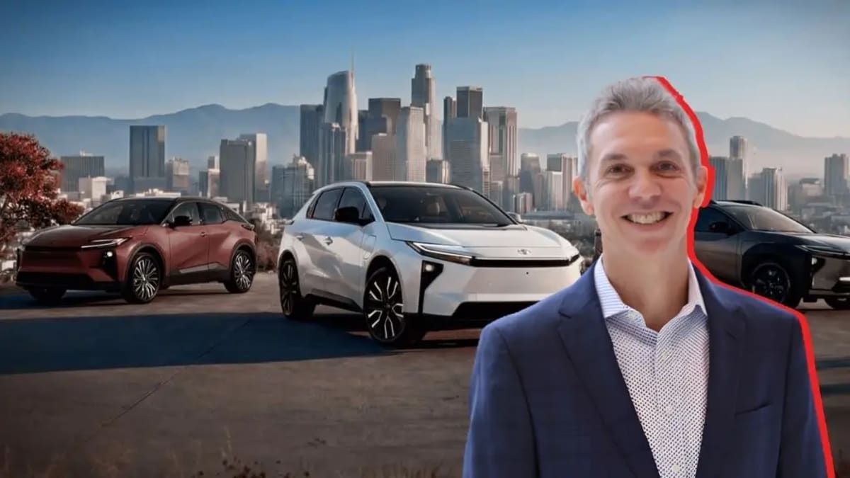 Toyota electric vehicle charging in driveway as family loads gear for weekend trip