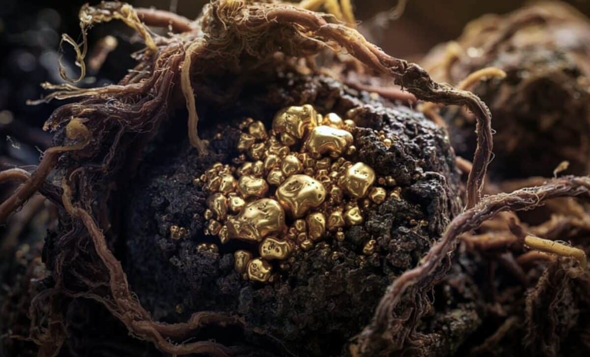 Microscopic view of common soil fungus Fusarium oxysporum coated in gold particles