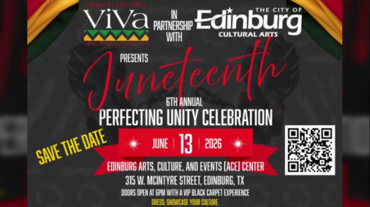 Community members gathering at outdoor Juneteenth celebration in Edinburg, Texas with cultural displays