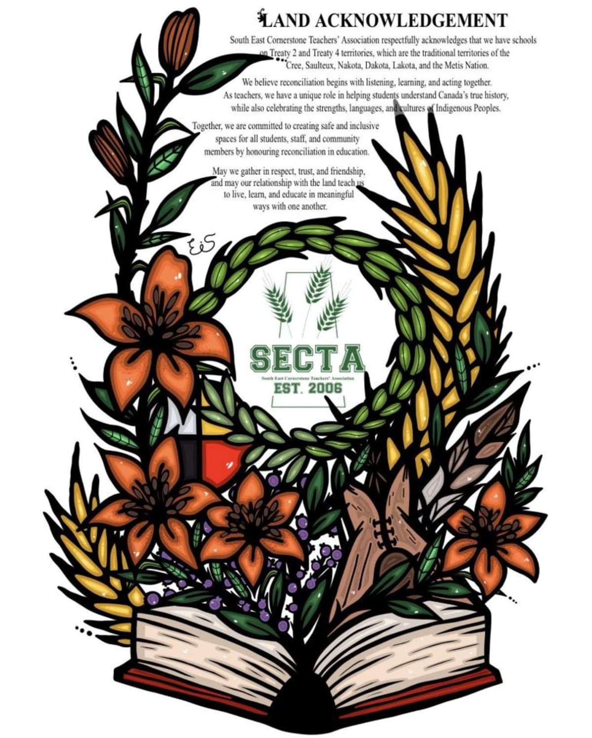 Indigenous artist Emilee Steffensen's visual land acknowledgement artwork featuring Prairie Lily and cultural symbols for Saskatchewan classrooms