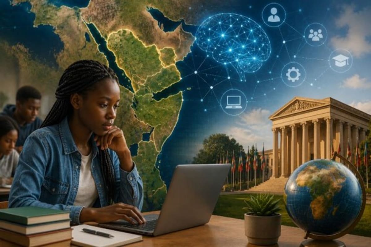 East African university students collaborating on laptop computers developing artificial intelligence solutions for employment matching