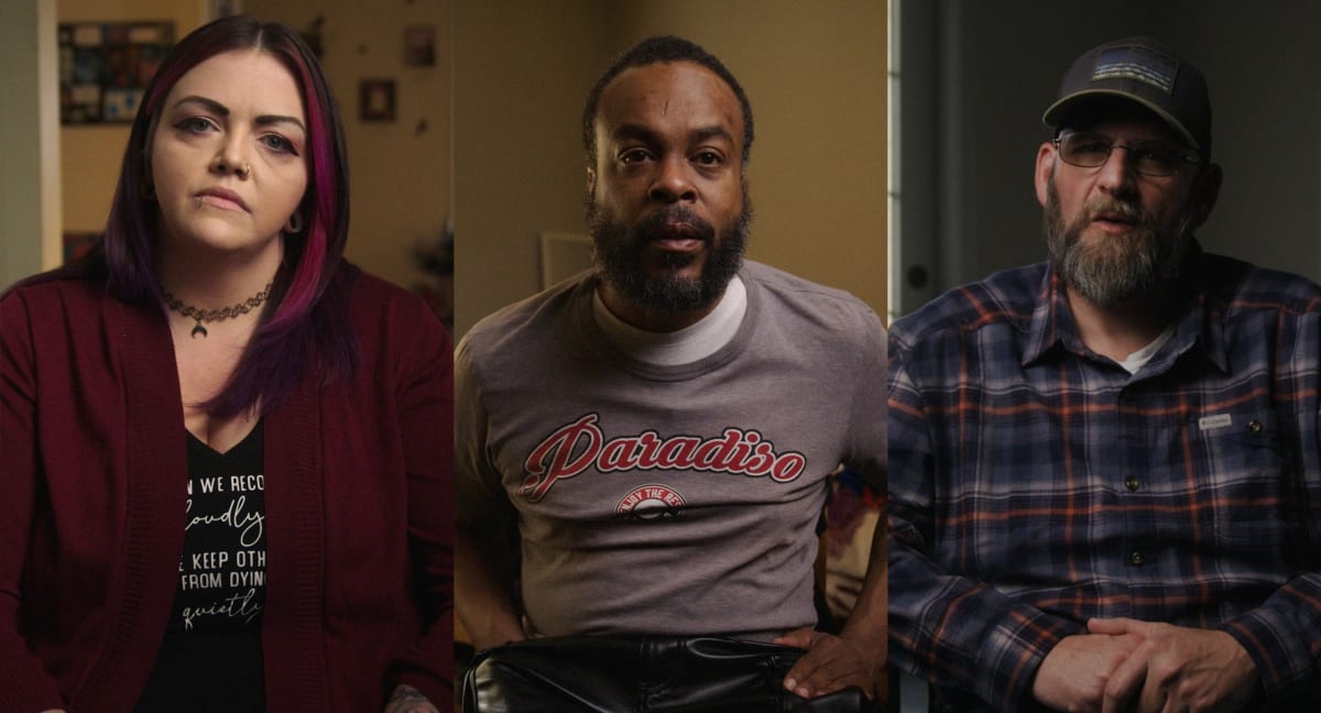 Three mental health court participants sharing their recovery stories on camera in Illinois
