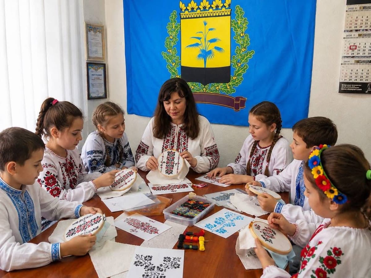Ukrainian children learning traditional embroidery techniques at humanitarian center wearing colorful vyshyvanka shirts