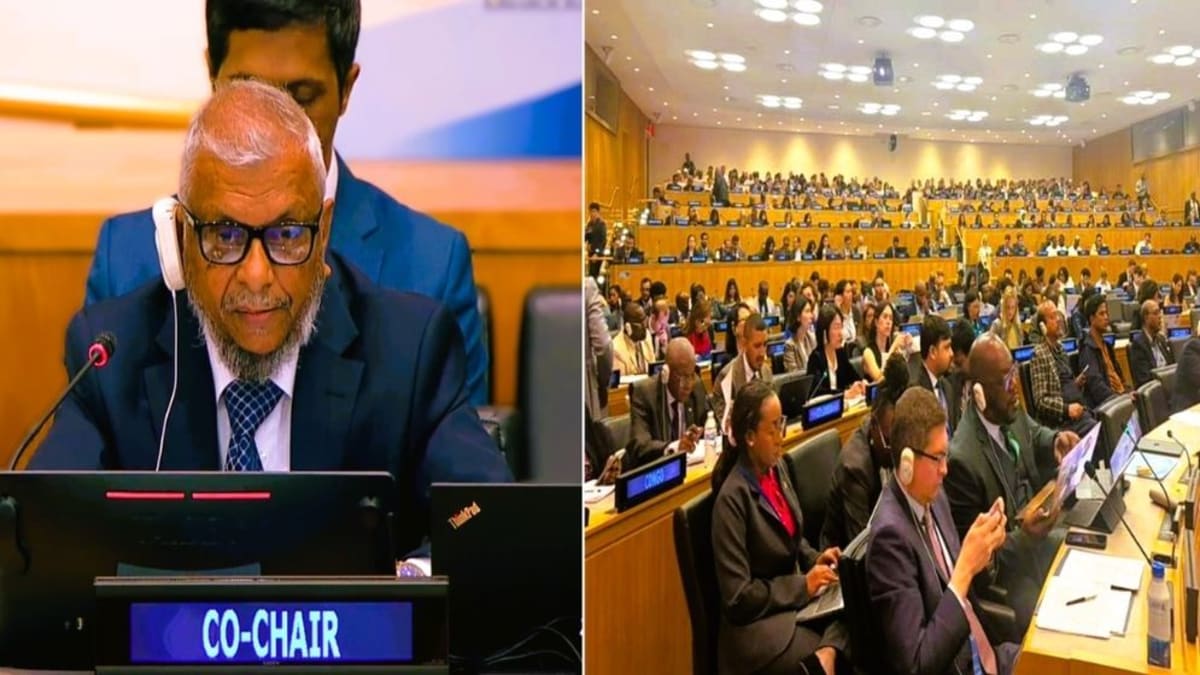 ** Minister Ariful Haque Chowdhury speaking at United Nations International Migration Review Forum podium