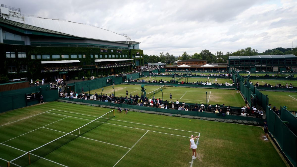 Aerial view of the historic Wimbledon tennis grounds with green courts and stadium seating