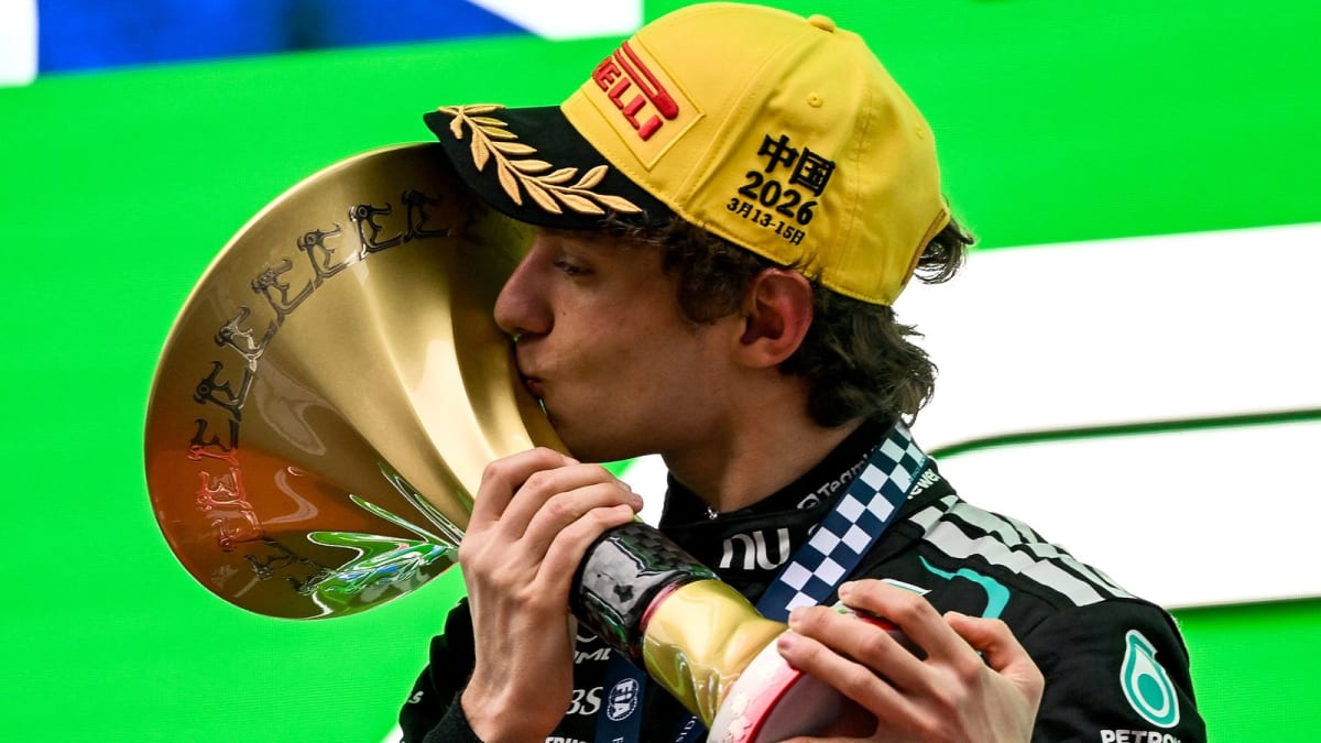 Young driver Kimi Antonelli celebrates his first Formula 1 victory at Chinese Grand Prix