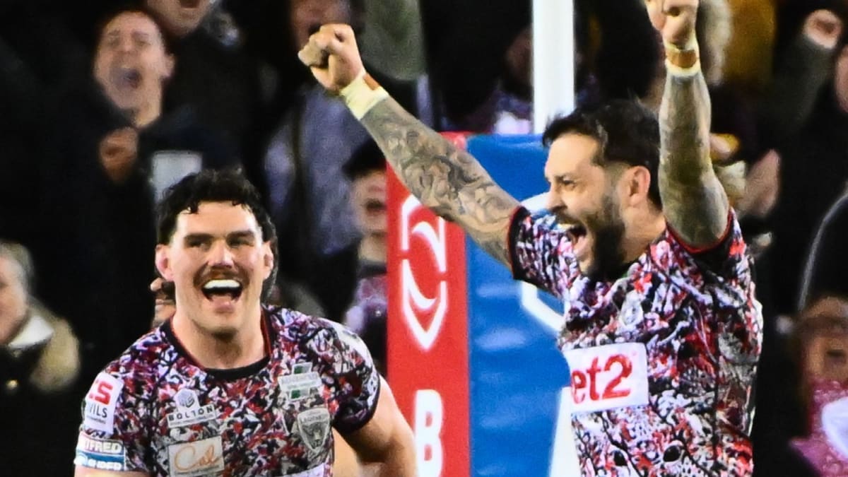 Gareth O'Brien celebrating after kicking match-winning drop goal for Leigh Leopards