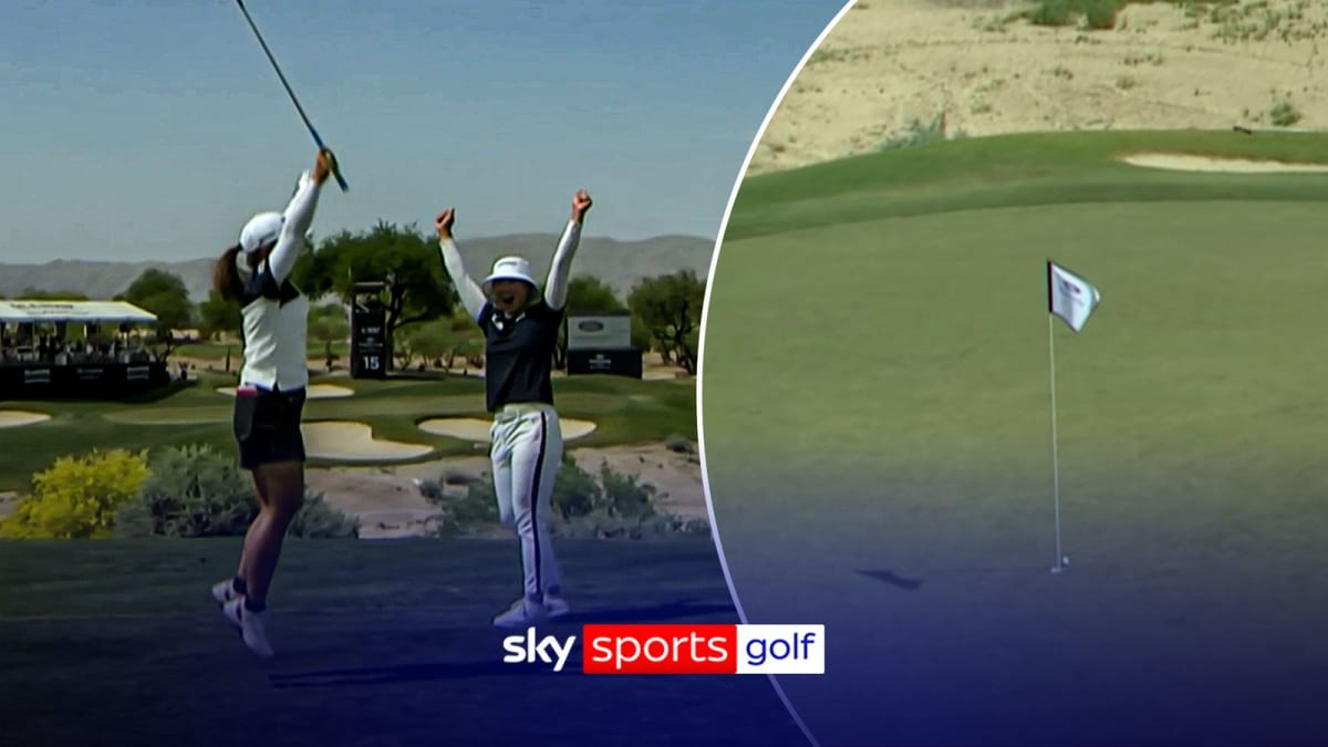 Professional golfer Nasa Hataoka celebrates after making a 133-yard hole-in-one at LPGA tournament