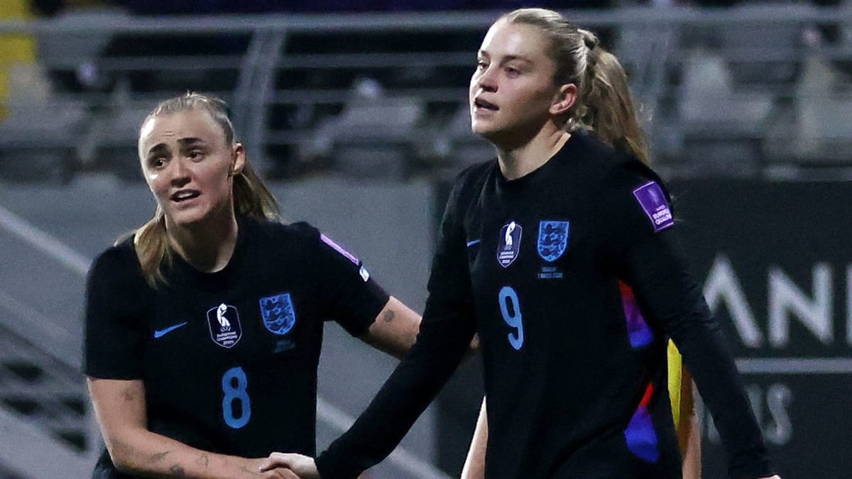 England women's football team celebrating together during their 6-1 victory over Ukraine