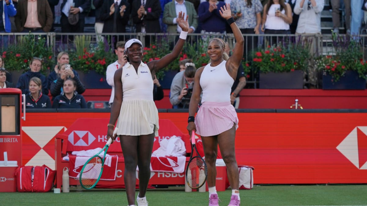 Serena Williams and Victoria Mboko celebrating victory together at Queen's Club tennis tournament