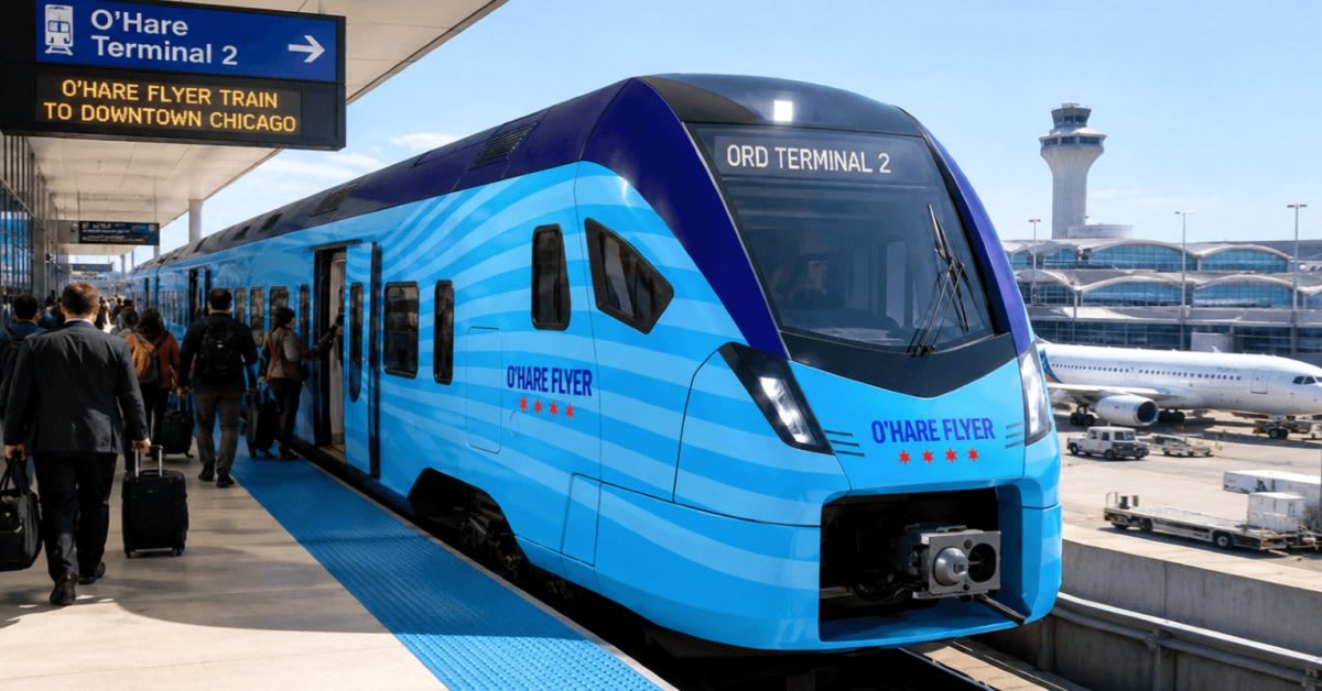 Modern electric train rendering showing sleek passenger car design for O'Hare Airport express service