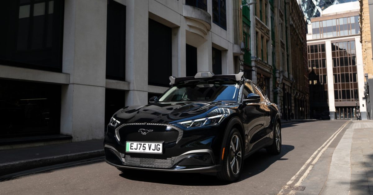 Ford Mustang Mach-E electric vehicle equipped with Wayve autonomous driving technology on London street
