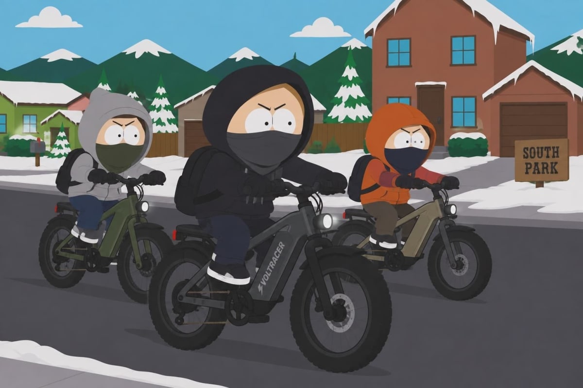 South Park animated characters riding electric bicycles through a suburban neighborhood scene