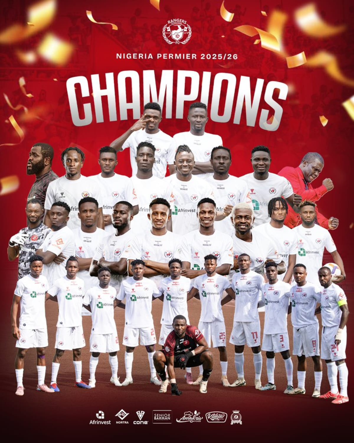 Enugu Rangers football players celebrating their ninth Nigerian league championship title on the field