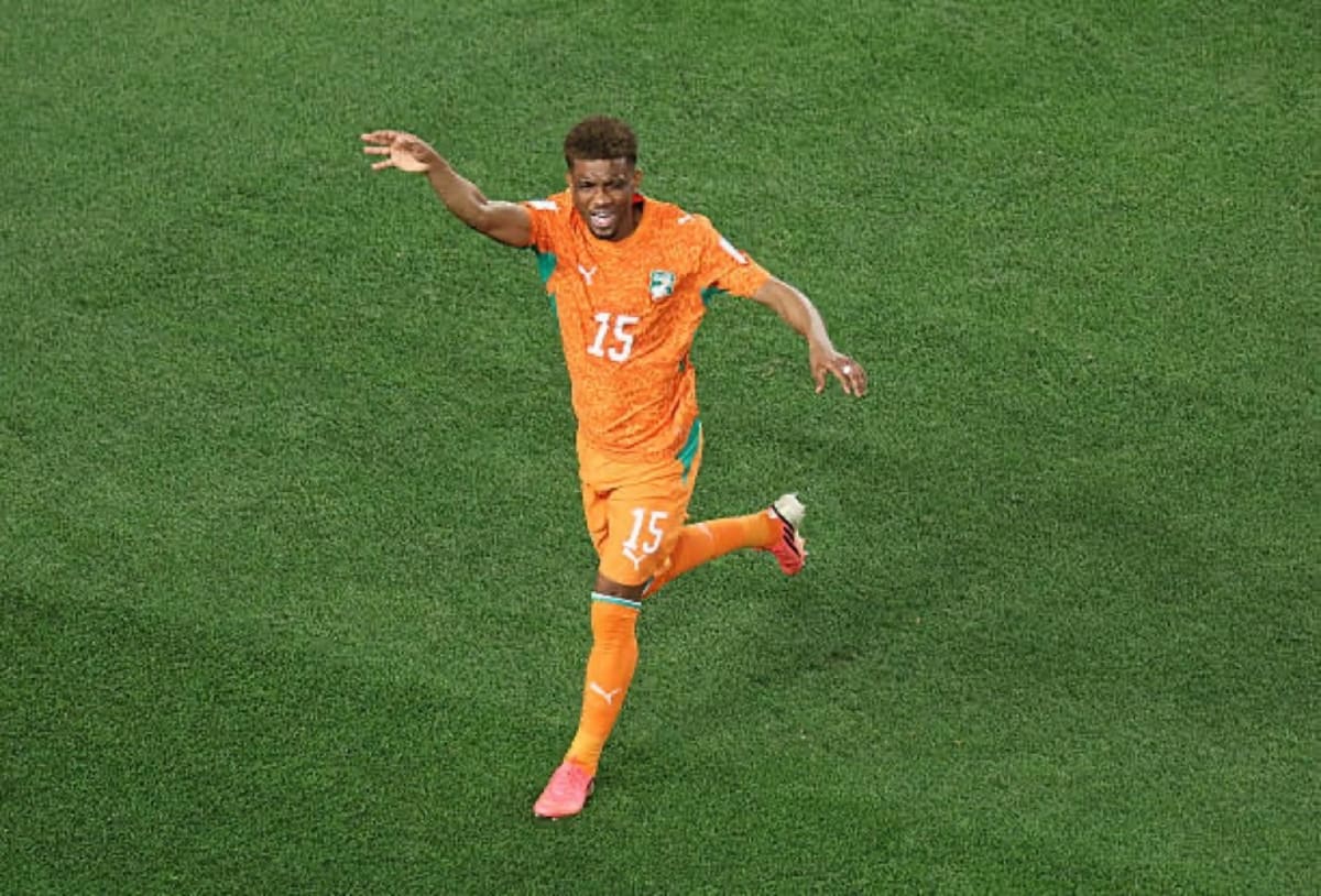 Ivory Coast soccer player Amad Diallo celebrating dramatic World Cup winning goal against Ecuador
