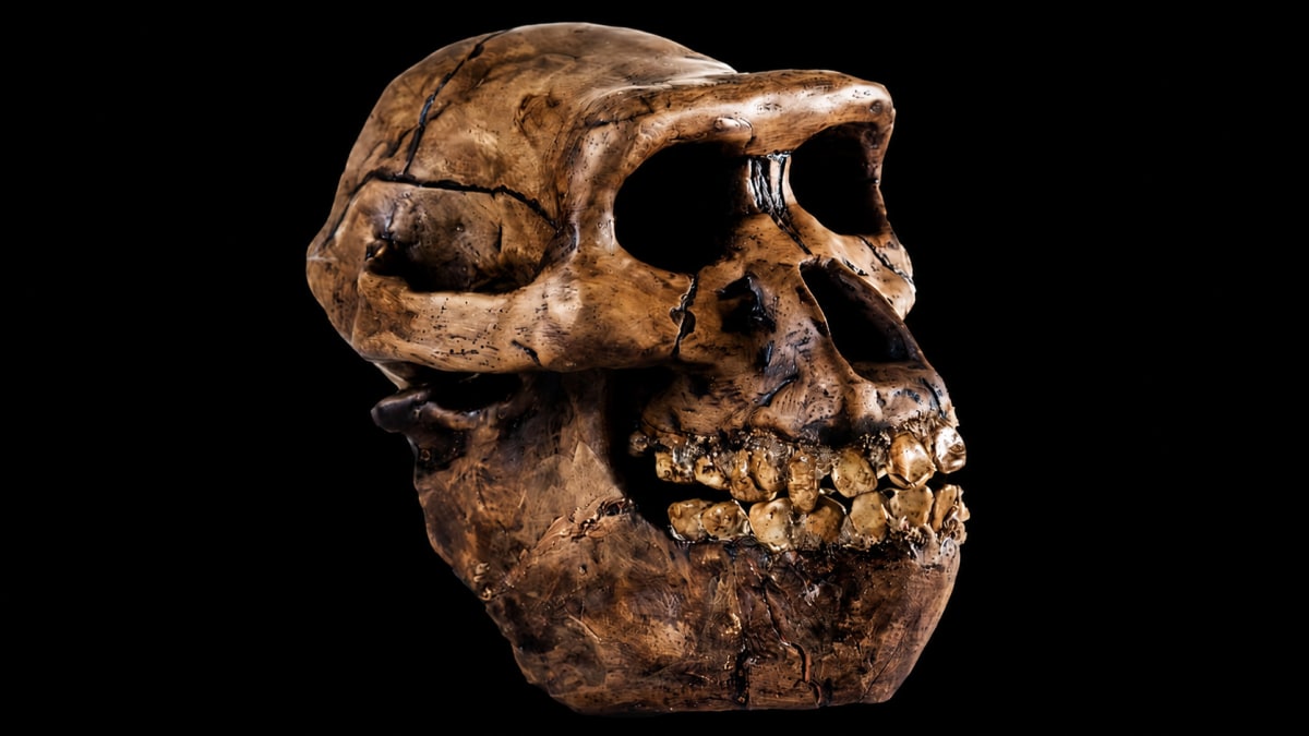 ** Ancient fossilized primate jaw from Egypt showing teeth and bone structure from 18 million years ago